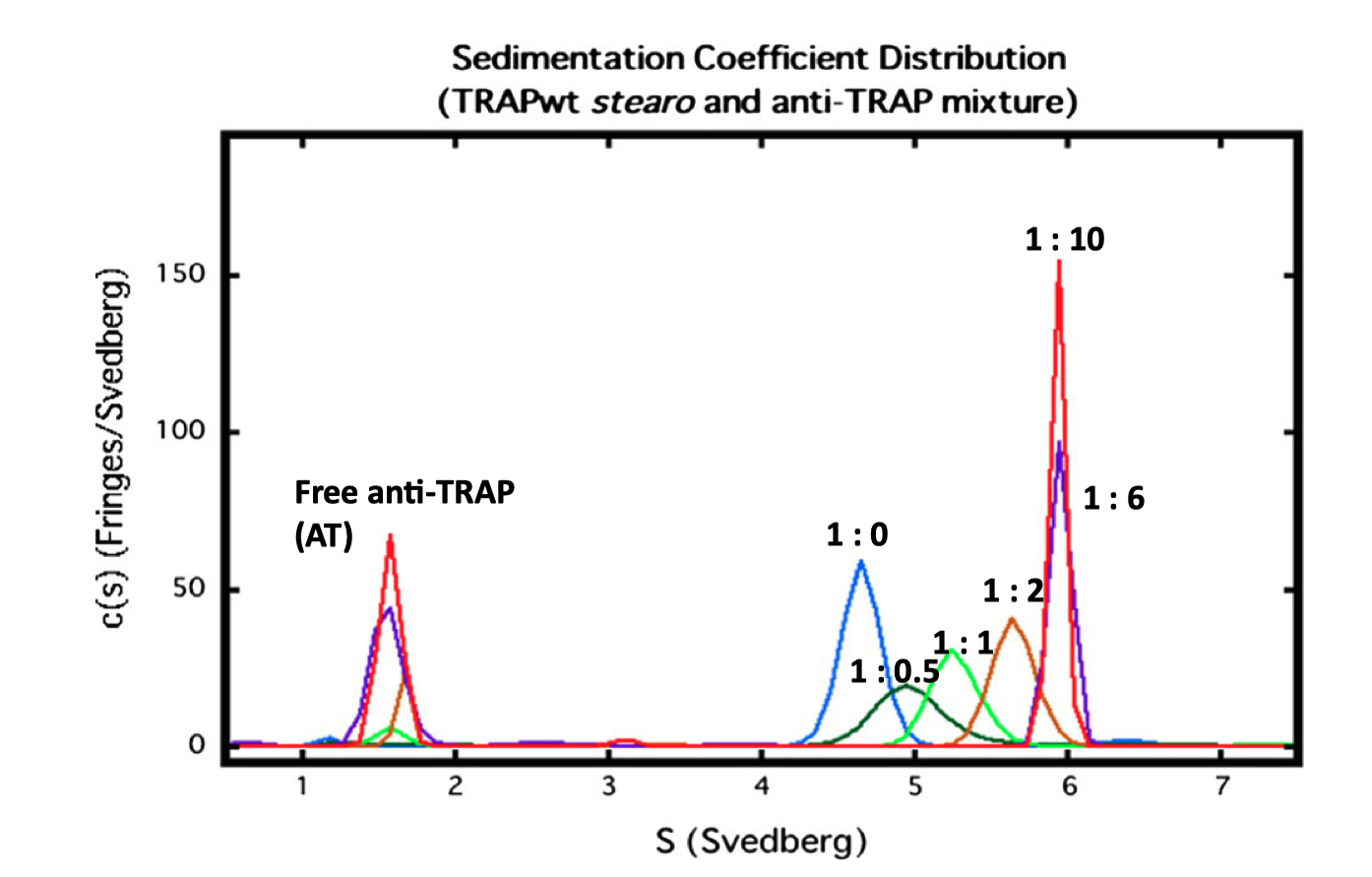 SV analysis of TRAP and AT. The TRAP concentratioin was fixed at 0.5 mg/ml, and varying amounts of AT (TRAP's ligand) were added, with molar ratios of TRAP:AT labelled.